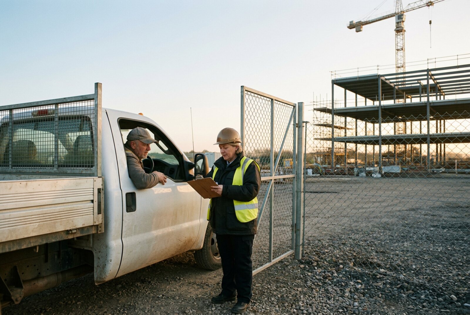 Jan-Lee site officer checking in a truck at a construction gate