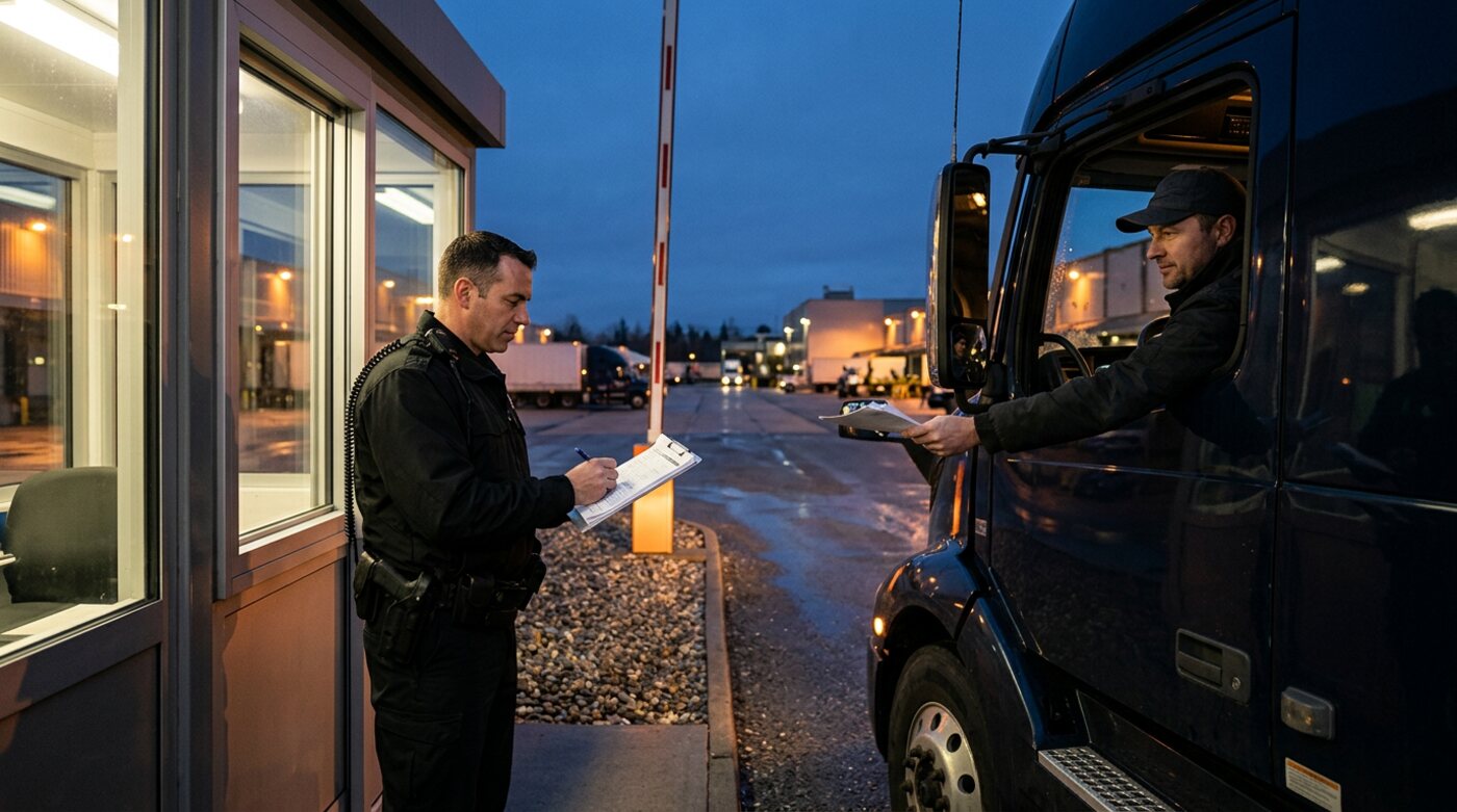 Security officer checking a truck at a manufacturing plant gate