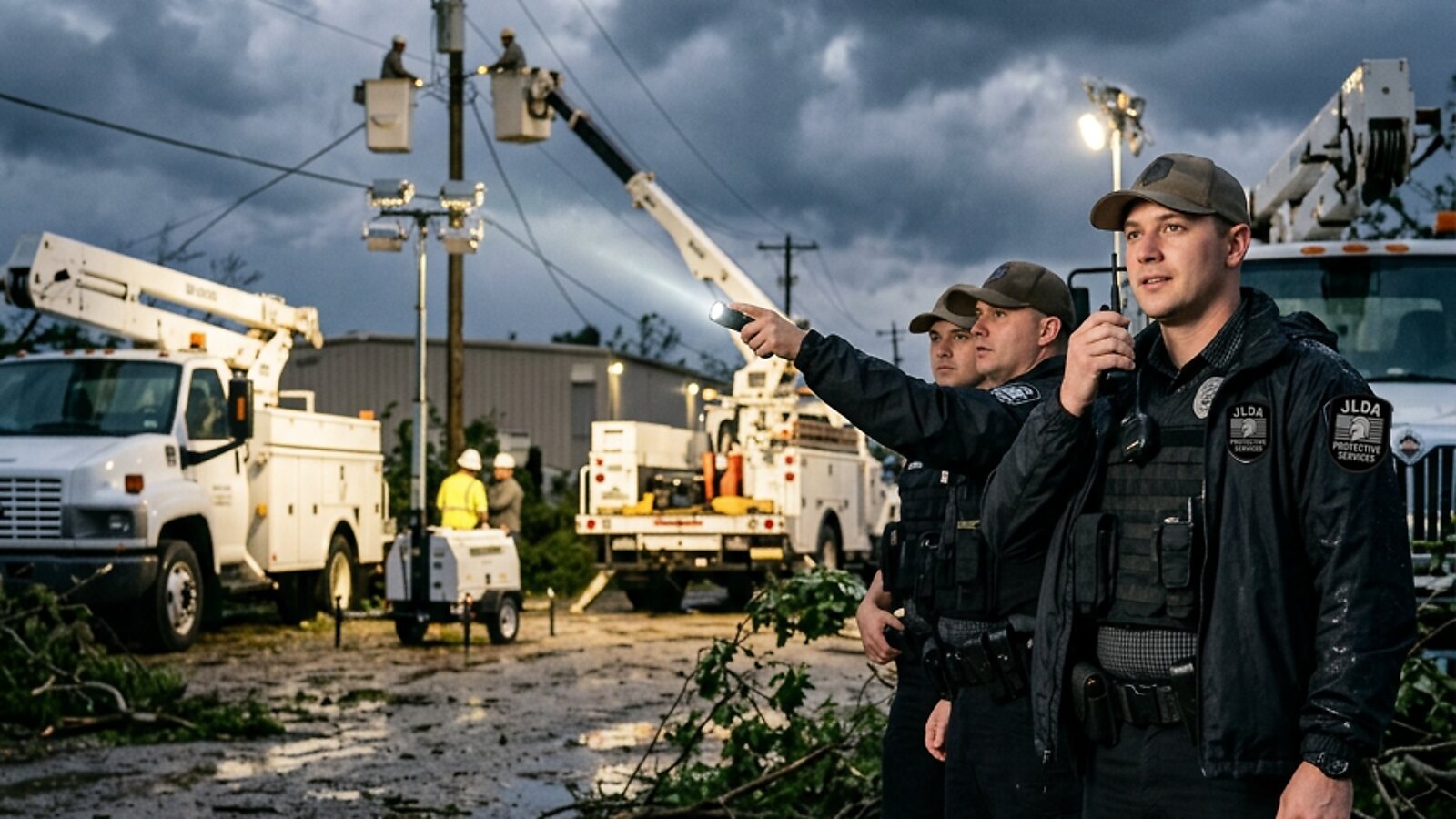 Jan-Lee response team securing a storm restoration staging area